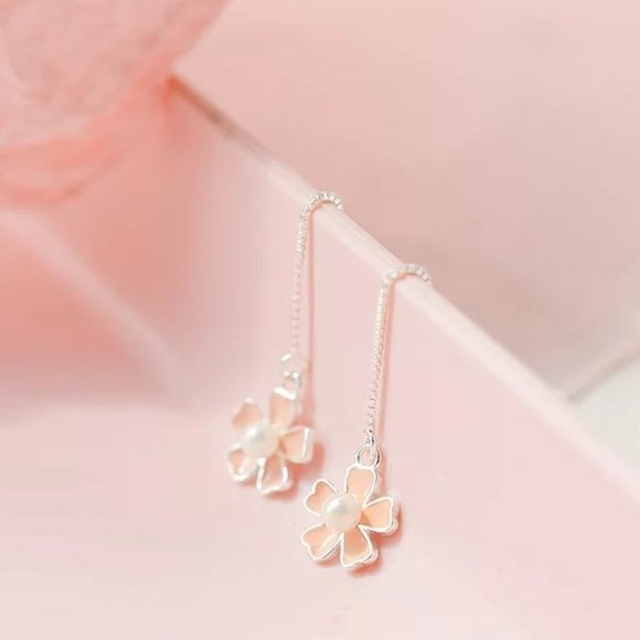 14k Gold Flower Long Chain Threader Earrings Sterling Silver - Picture 3 of 9